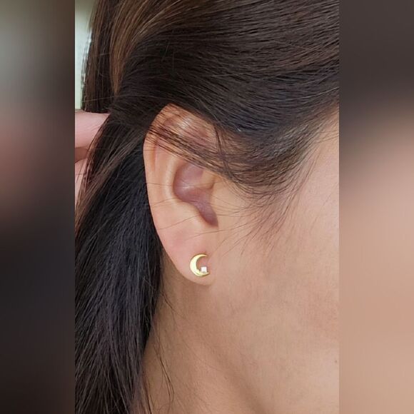 Tiny Crescent Moon Earrings With CZ 925 Silver - Picture 4 of 5